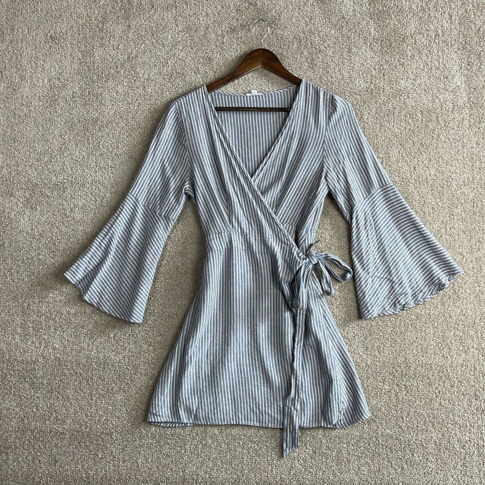 Ecote OU Wrap Dress Womens Size Medium Blue/Tan Striped Bell Sleeve V-Neck 90s - Picture 3 of 11